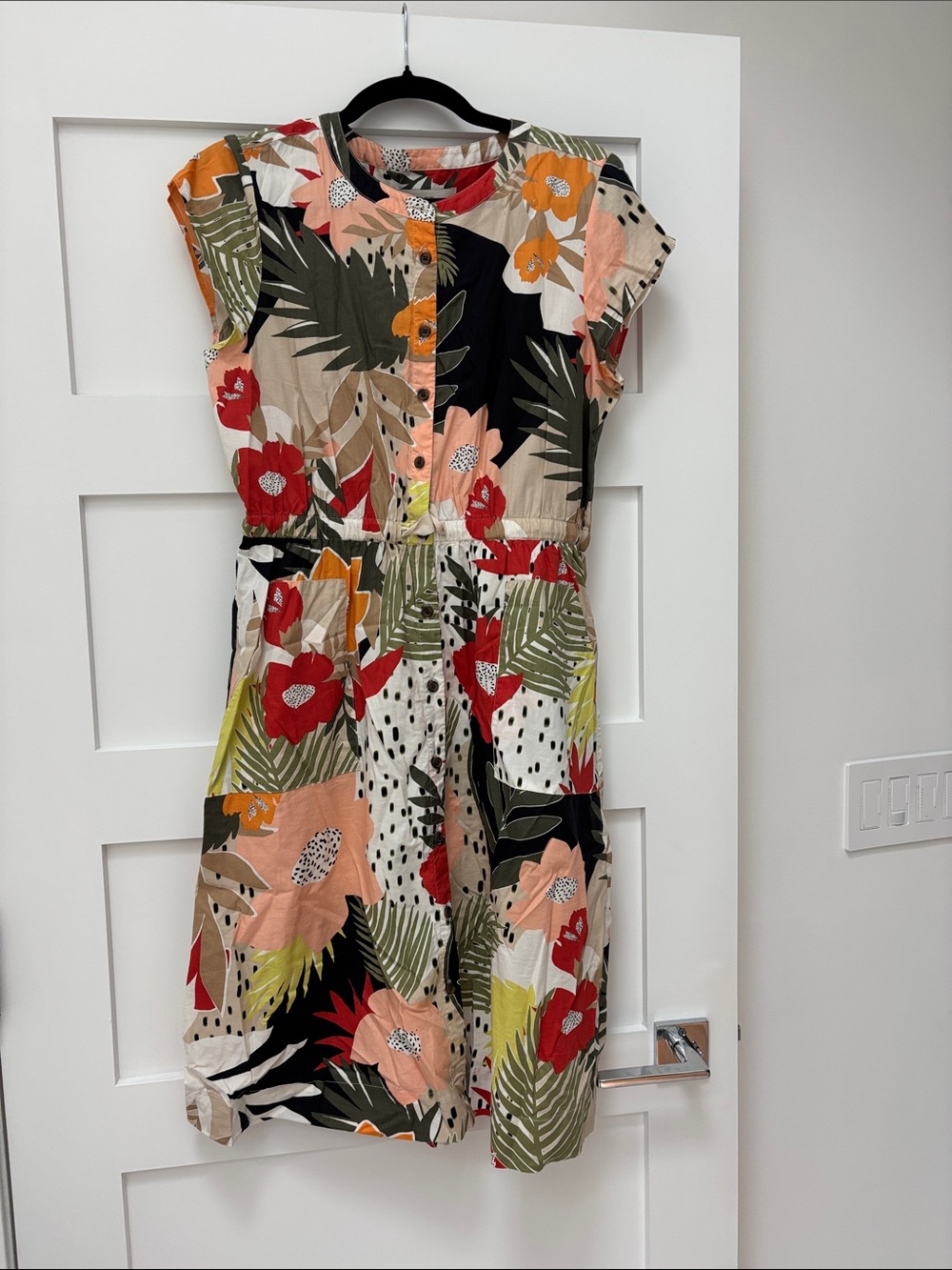 LOFT, petite Floral Short-Sleeve Button-Front Dress in Red, Green, Peach